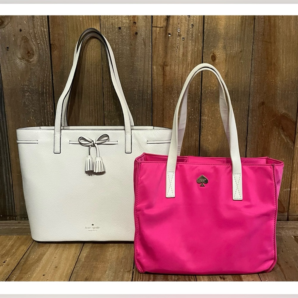 Kate Spade. Set of 2: White Leather Hayes Tote and Pink Nylon Elise Tote. - Picture 2 of 16